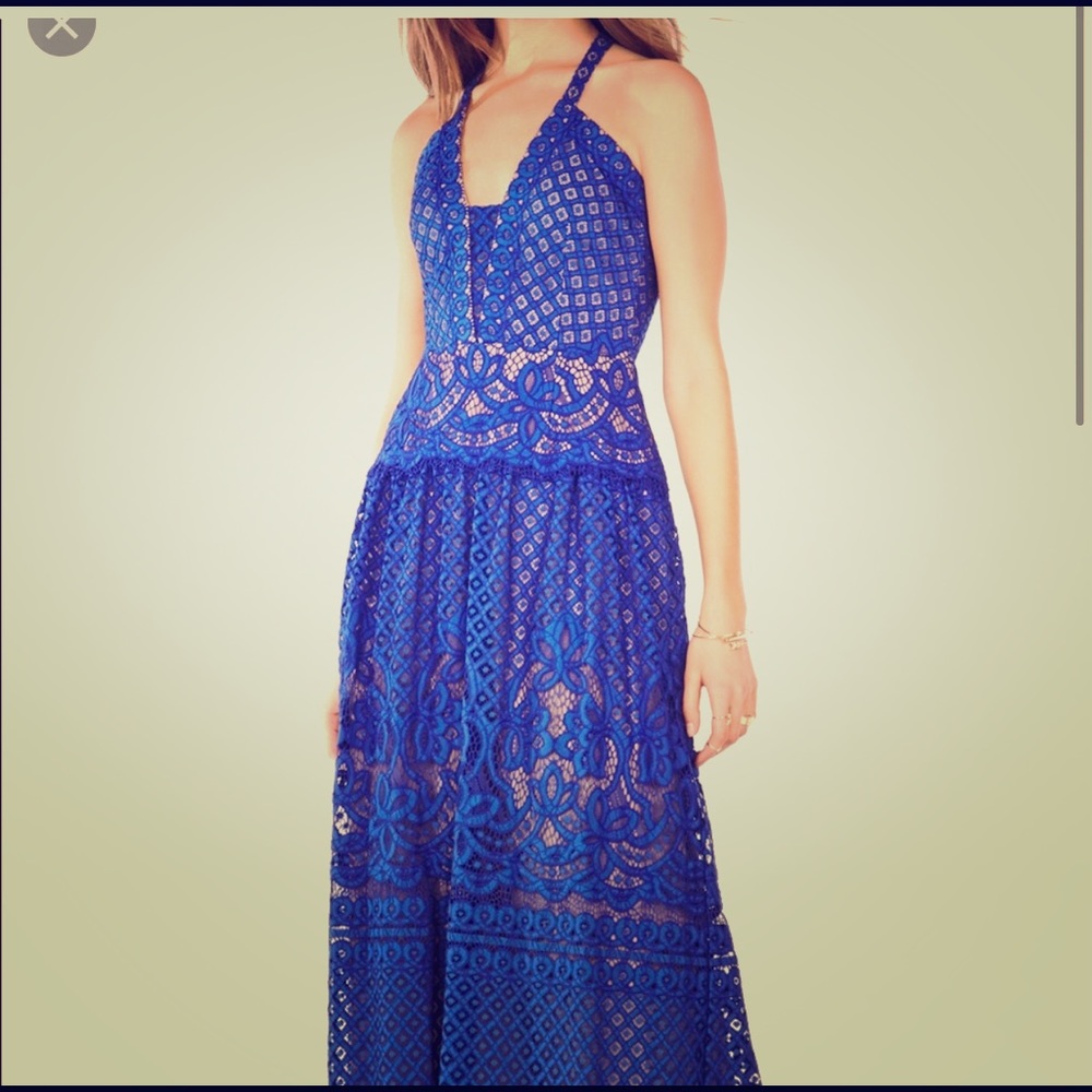 BCBG halter, royal blue, maxi, lace dress.